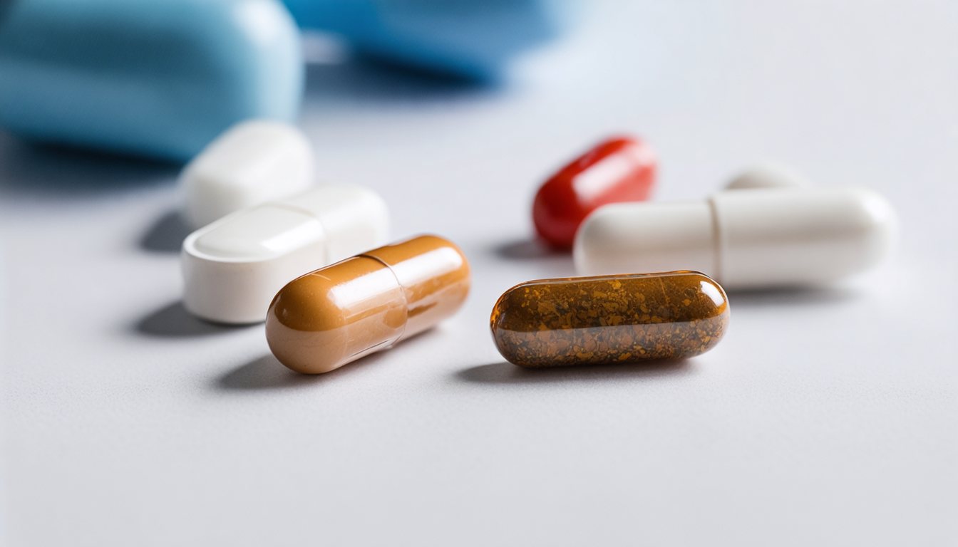 Bottles of herbal libido supplements with capsules and natural ingredients like ginseng and maca on a wooden table